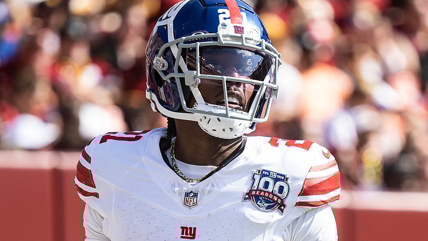 Sep 15, 2024; Landover, Maryland, USA; New York Giants Adoree' Jackson (21) runs off the field during the second half at Commanders Field. Mandatory Credit: Luke Johnson-Imagn Images