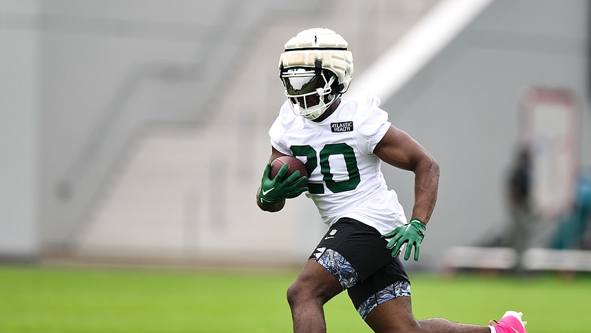 Jul 25, 2024; Florham Park, NJ, USA; New York Jets running back Breece Hall (20) participates in a drill during training camp at Atlantic Health Jets Training Center. Mandatory Credit: John Jones-Imagn Images