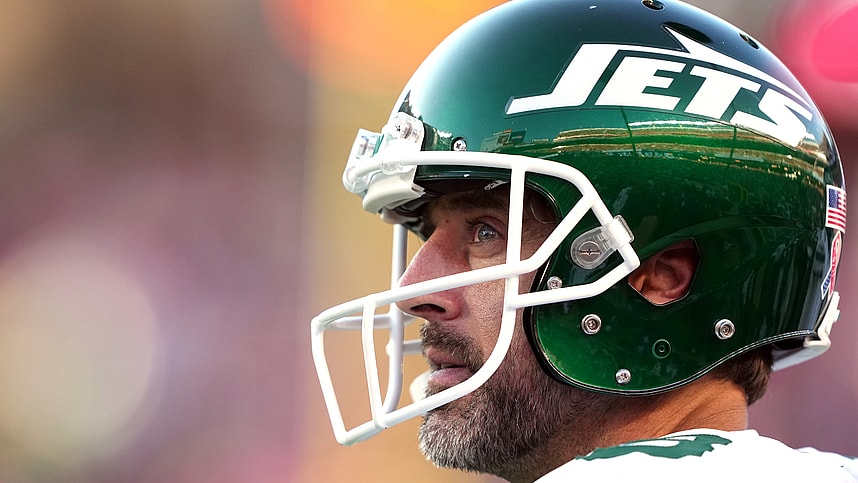 Sep 9, 2024; Santa Clara, California, USA; New York Jets quarterback Aaron Rodgers (8) stands on the sideline during the second quarter against the San Francisco 49ers at Levi's Stadium. Mandatory Credit: Darren Yamashita-Imagn Images
