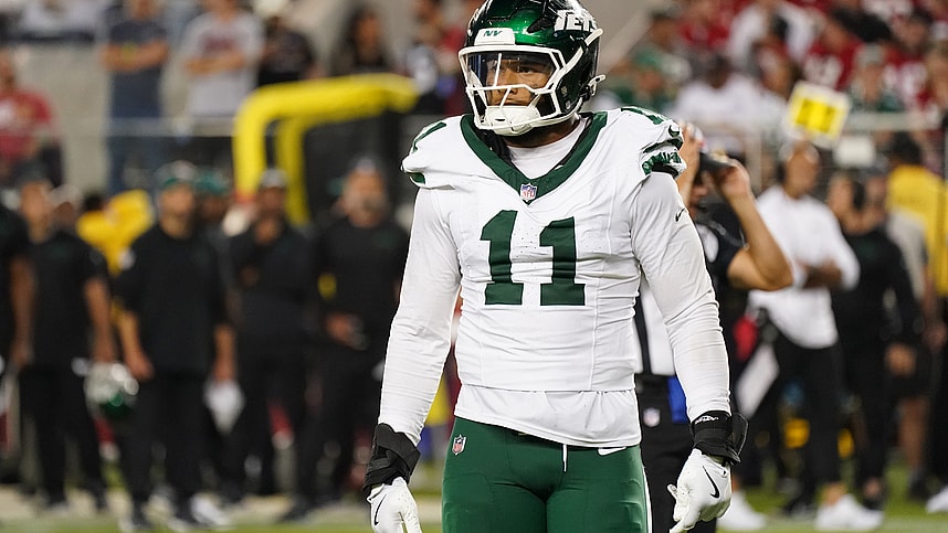 Sep 9, 2024; Santa Clara, California, USA; New York Jets linebacker Jermaine Johnson (11) waits for play to resume during the fourth quarter against the San Francisco 49ers at Levi's Stadium. Mandatory Credit: David Gonzales-Imagn Images