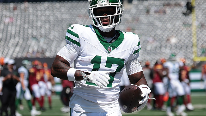 Aug 10, 2024; East Rutherford, New Jersey, USA; New York Jets wide receiver Malachi Corley (17) during warm ups before the game against the Washington Commanders at MetLife Stadium. Mandatory Credit: Vincent Carchietta-USA TODAY Sports