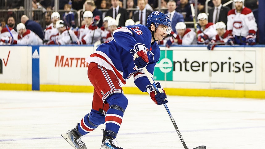 Apr 7, 2024; New York, New York, USA; New York Rangers left wing Jimmy Vesey (26) looks to make a pass in the second period against the Montreal Canadiens at Madison Square Garden. Mandatory Credit: Wendell Cruz-Imagn Images