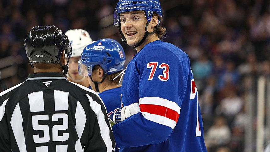 Sep 24, 2024; New York, New York, USA; New York Rangers center Matt Rempe (73) speaks with a linesman during the second period against the New York Islanders at Madison Square Garden. Mandatory Credit: Danny Wild-Imagn Images
