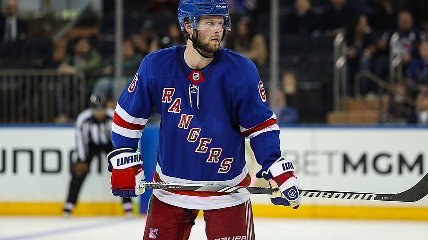 Sep 24, 2024; New York, New York, USA; New York Rangers defenseman Zac Jones (6) skates during the third period against the New York Islanders at Madison Square Garden. Mandatory Credit: Danny Wild-Imagn Images