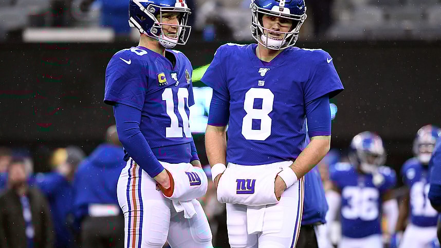 New York Giants quarterbacks Eli Manning (10) and Daniel Jones (8) on the field for pregame warmups on Sunday, Dec. 29, 2019, in East Rutherford.