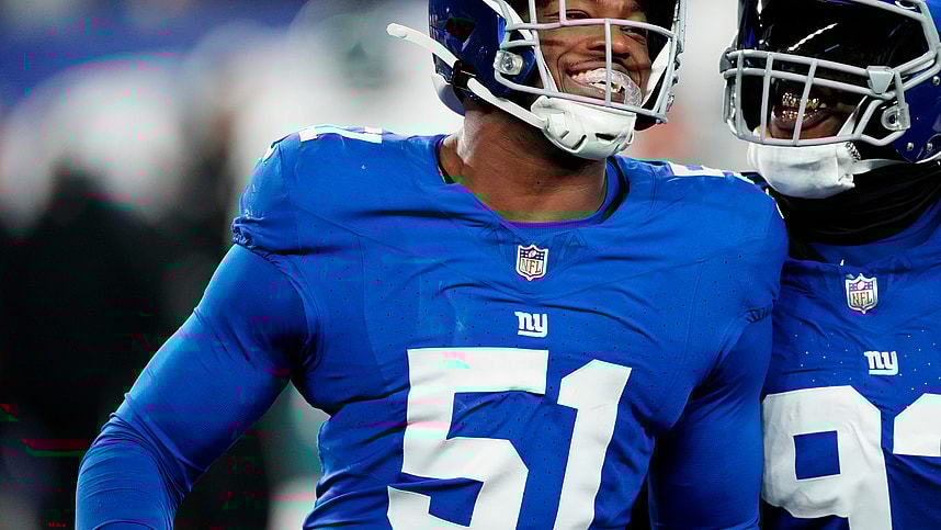 New York Giants linebacker Azeez Ojulari (51), New York Giants defensive tackle Rakeem Nunez-Roches (93) and the rest of Big Blue were all smiles as they beat the Philadelphia Eagles, 27-10, Sunday, January 7, 2024. (Patriots)