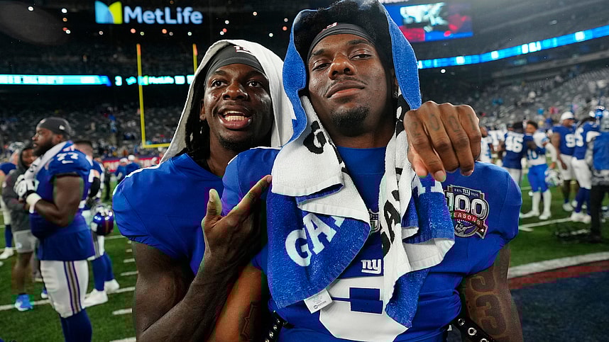 New York Giants cornerback Deonte Banks (3) and New York Giants wide receiver Malik Nabers (9) are shown on the field at MetLIfe Stadium, after the game, Thursday, August 8 2024, in East Rutherford.