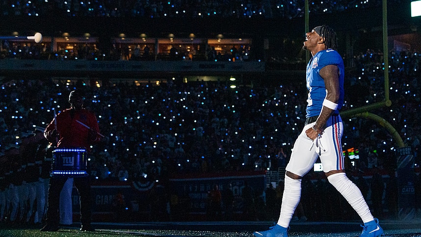 Sep 26, 2024; East Rutherford, NJ, US; New York Giants wide receiver Malik Nabers (1) walks onto the field prior to the start of the game at MetLife Stadium. Mandatory Credit: Julian Guadalupe-NorthJersey.com