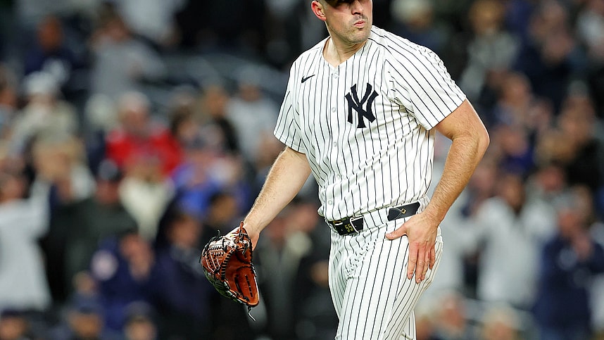 Oct 14, 2024; Bronx, New York, USA; New York Yankees pitcher Carlos Rodón (55) reacts after the first inning against the Cleveland Guardians in game one of the ALCS for the 2024 MLB Playoffs at Yankee Stadium. Mandatory Credit: Brad Penner-Imagn Images