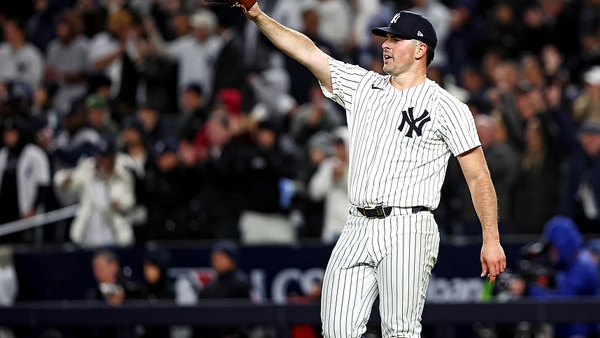 Oct 14, 2024; Bronx, New York, USA; New York Yankees pitcher Carlos Rodón (55) celebrates after a fly ball was caught to end the sixth inning against the Cleveland Guardians in game one of the ALCS for the 2024 MLB Playoffs at Yankee Stadium. Mandatory Credit: Wendell Cruz-Imagn Images