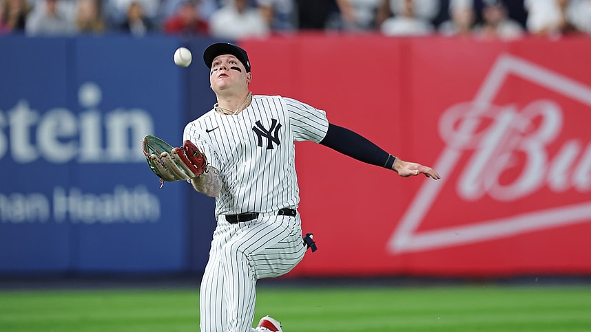 Oct 5, 2024; Bronx, New York, USA; New York Yankees outfielder Alex Verdugo (24) catches a popup during the fourth inning hit by Kansas City Royals pitcher Michael Lorenzen (24) during game one of the ALDS for the 2024 MLB Playoffs at Yankee Stadium. Mandatory Credit: Brad Penner-Imagn Images