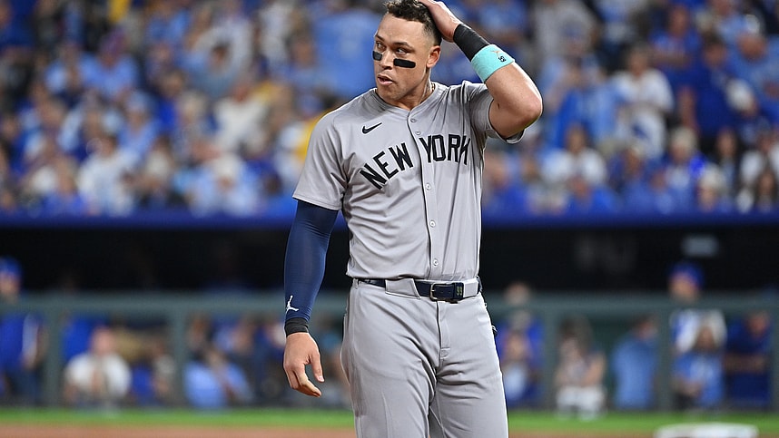 Oct 9, 2024; Kansas City, Missouri, USA; New York Yankees outfielder Aaron Judge (99) reacts in the fifth inning against the Kansas City Royals during game three of the NLDS for the 2024 MLB Playoffs at Kauffman Stadium. Mandatory Credit: Peter Aiken-Imagn Images