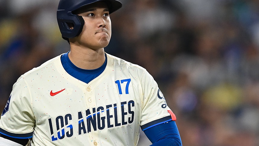 Sep 21, 2024; Los Angeles, California, USA; Los Angeles Dodgers designated hitter Shohei Ohtani (17) reacts after being struck by a pitch against the Colorado Rockies during the sixth inning at Dodger Stadium. Mandatory Credit: Jonathan Hui-Imagn Images