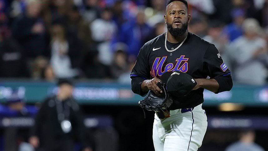 Oct 16, 2024; New York City, New York, USA; New York Mets pitcher Luis Severino (40) reacts after an out against the Los Angeles Dodgers in the fifth inning during game three of the NLCS for the 2024 MLB playoffs at Citi Field. Mandatory Credit: Brad Penner-Imagn Images