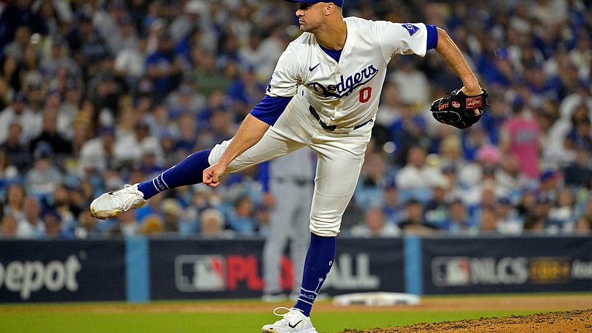 Oct 13, 2024; Los Angeles, California, USA; Los Angeles Dodgers pitcher Jack Flaherty (0) throws a pitch against the New York Mets in the seventh inning during game one of the NLCS for the 2024 MLB Playoffs at Dodger Stadium. Mandatory Credit: Jayne Kamin-Oncea-Imagn Images