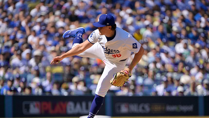 Oct 14, 2024; Los Angeles, California, USA; Los Angeles Dodgers pitcher Landon Knack (96) pitches against the New York Mets in the second inning during game two of the NLCS for the 2024 MLB Playoffs at Dodger Stadium. Mandatory Credit: Jayne Kamin-Oncea-Imagn Images