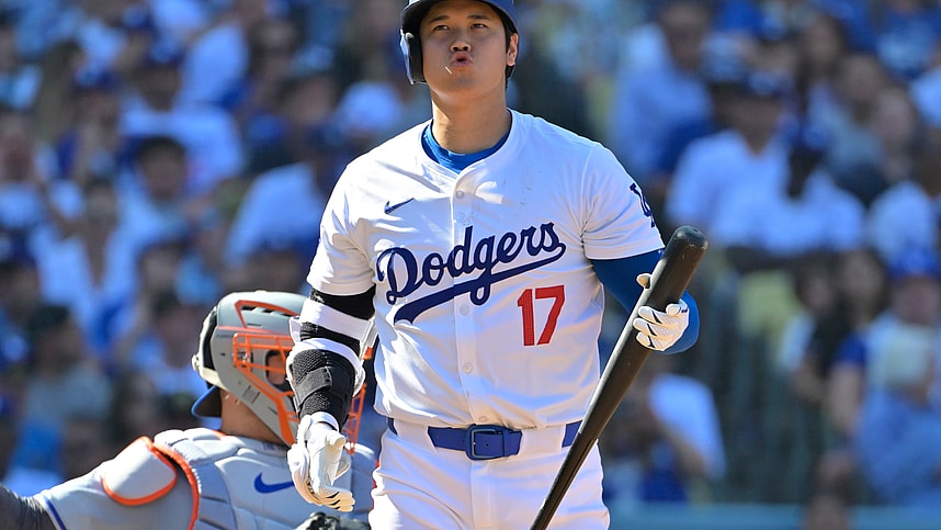 Oct 14, 2024; Los Angeles, California, USA; Los Angeles Dodgers designated hitter Shohei Ohtani (17) reacts after flying out against the New York Mets in the fifth inning during game two of the NLCS for the 2024 MLB Playoffs at Dodger Stadium. Mandatory Credit: Jayne Kamin-Oncea-Imagn Images