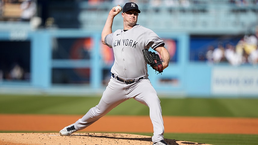 Jun 3, 2023; Los Angeles, California, USA; New York Yankees starting pitcher Gerrit Cole (45) throws in the second inning against the Los Angeles Dodgers at Dodger Stadium. Mandatory Credit: Kirby Lee-Imagn Images