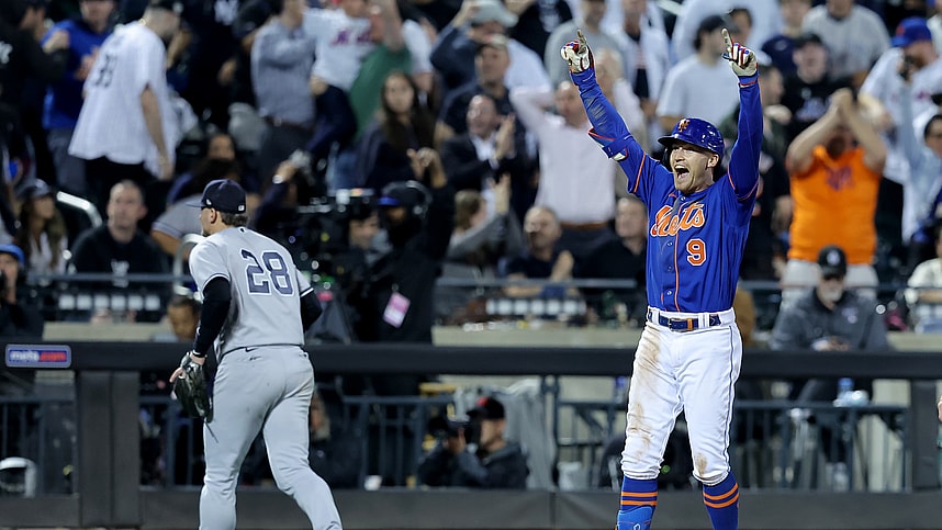 Jun 14, 2023; New York City, New York, USA; New York Mets center fielder Brandon Nimmo (9) celebrates after hitting a tenth inning walkoff double against the New York Yankees at Citi Field. Mandatory Credit: Brad Penner-Imagn Images