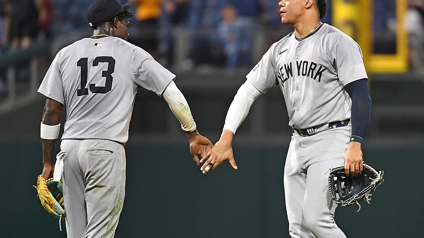 Jul 29, 2024; Philadelphia, Pennsylvania, USA; New York Yankees third baseman Jazz Chisholm, Jr (13) and outfielder Juan Soto (22) celebrate win against the Philadelphia Phillies at Citizens Bank Park. Mandatory Credit: Eric Hartline-Imagn Images