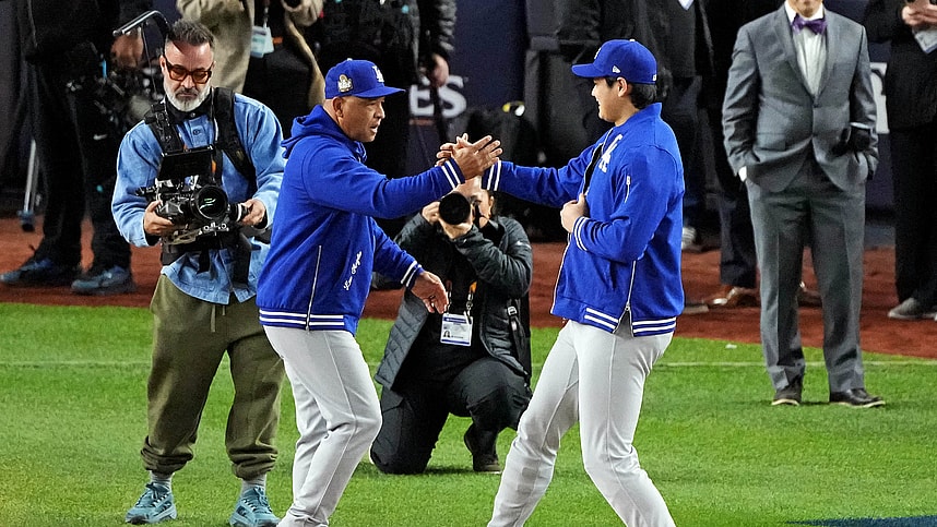 Oct 28, 2024; New York, New York, USA; Los Angeles Dodgers manager Dave Roberts (30) greets two-way player Shohei Ohtani (17) during player introductions before playing against the New York Yankees in game three of the 2024 MLB World Series at Yankee Stadium. Mandatory Credit: Robert Deutsch-Imagn Images