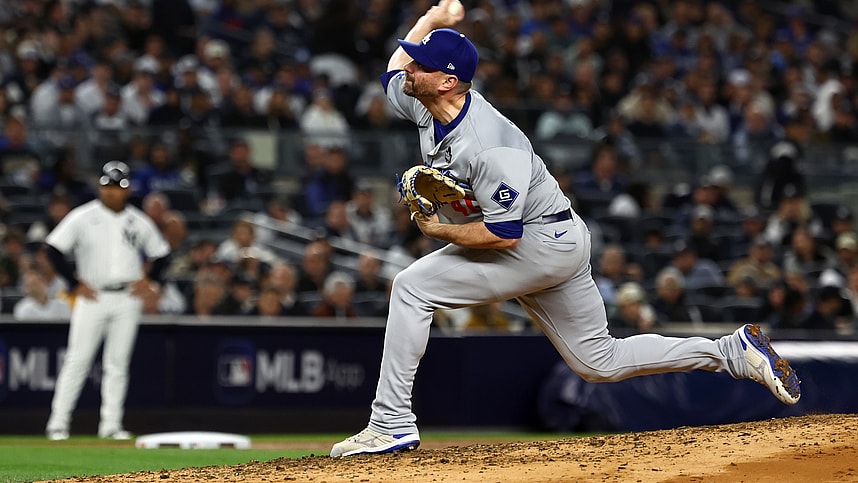 Oct 29, 2024; Bronx, New York, USA; Los Angeles Dodgers pitcher Daniel Hudson (41) throws a pitch against the New York Yankees in the third inning during game four of the 2024 MLB World Series at Yankee Stadium. Mandatory Credit: Vincent Carchietta-Imagn Images