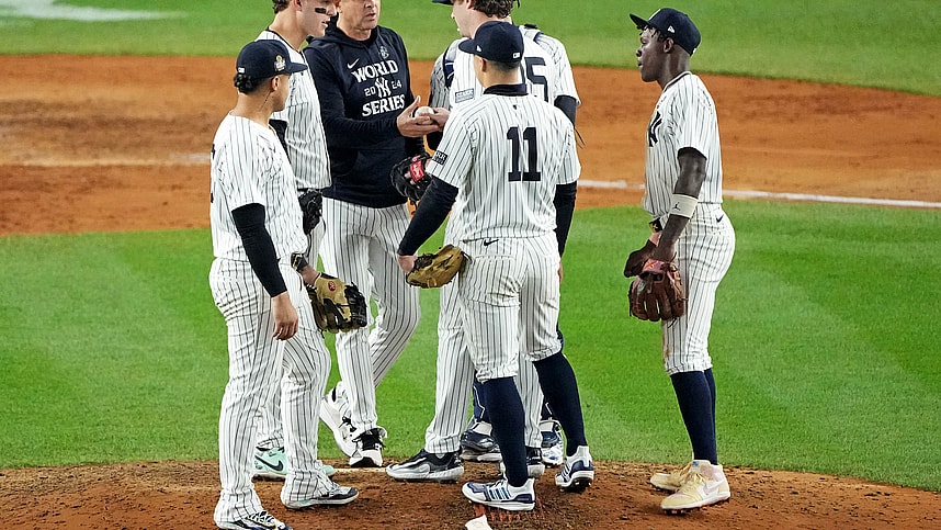 Oct 30, 2024; New York, New York, USA; New York Yankees manager Aaron Boone (17) relieves pitcher Gerrit Cole (45) during the seventh inning against the Los Angeles Dodgers in game four of the 2024 MLB World Series at Yankee Stadium. Mandatory Credit: Robert Deutsch-Imagn Images