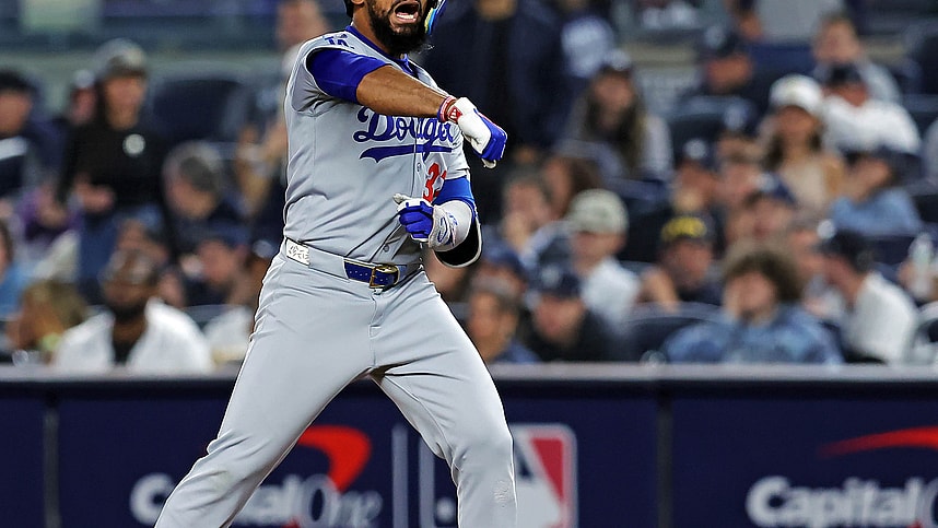 Oct 30, 2024; New York, New York, USA; Los Angeles Dodgers outfielder Teoscar Hernandez (37) celebrates after hitting a single during the ninth inning against the New York Yankees in game four of the 2024 MLB World Series at Yankee Stadium. Mandatory Credit: Brad Penner-Imagn Images
