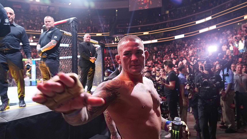 Jun 1, 2024; Newark, New Jersey, USA; Dustin Poirier (blue gloves) after the fight against Islam Makhachev (red gloves) during UFC 302 at Prudential Center. Mandatory Credit: Joe Camporeale-Imagn Images