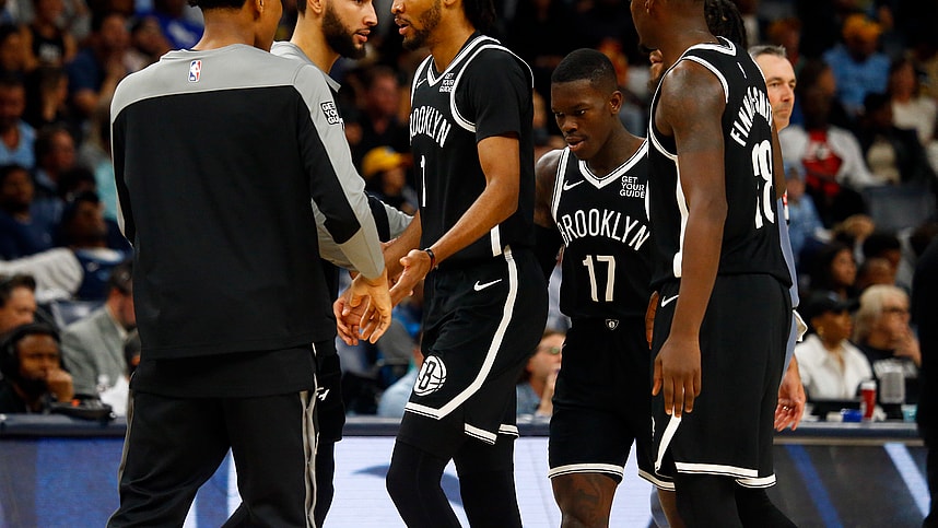 Oct 30, 2024; Memphis, Tennessee, USA; Brooklyn Nets forward Ziaire Williams (1) reacts with teammates as he walks toward the bench during the second half against the Memphis Grizzlies at FedExForum. Mandatory Credit: Petre Thomas-Imagn Images