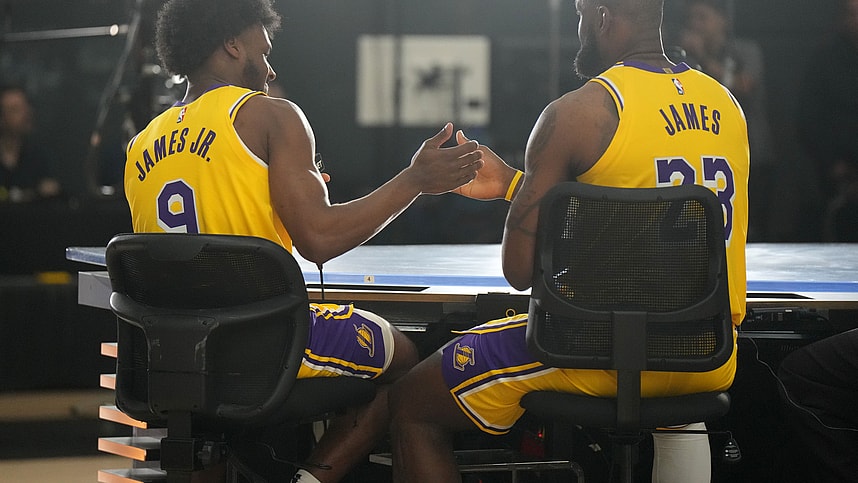 Sep 30, 2024; El Segundo, CA, USA; Los Angeles Lakers forward LeBron James (23) with son Bronny James (9) during media day at the UCLA Health Training Center. Mandatory Credit: Kirby Lee-Imagn Images