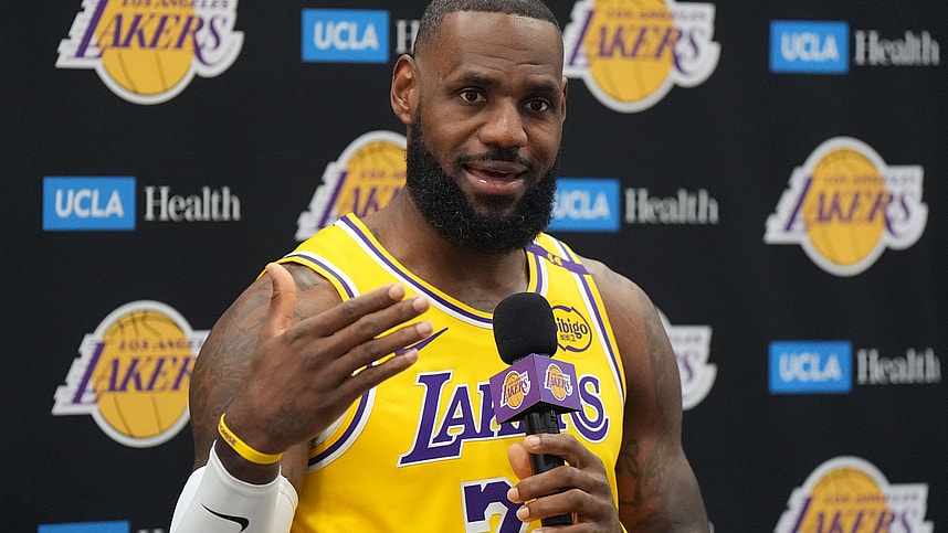 Sep 30, 2024; El Segundo, CA, USA; Los Angeles Lakers forward LeBron James (6) during media day at the UCLA Health Training Center. Mandatory Credit: Kirby Lee-Imagn Images