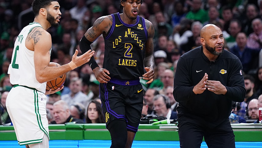 Feb 1, 2024; Boston, Massachusetts, USA; Los Angeles Lakers head coach Darvin Ham calls time out as forward Jarred Vanderbilt (2) is injured returning the ball against Boston Celtics forward Jayson Tatum (0) in the second quarter at TD Garden. Mandatory Credit: David Butler II-Imagn Images