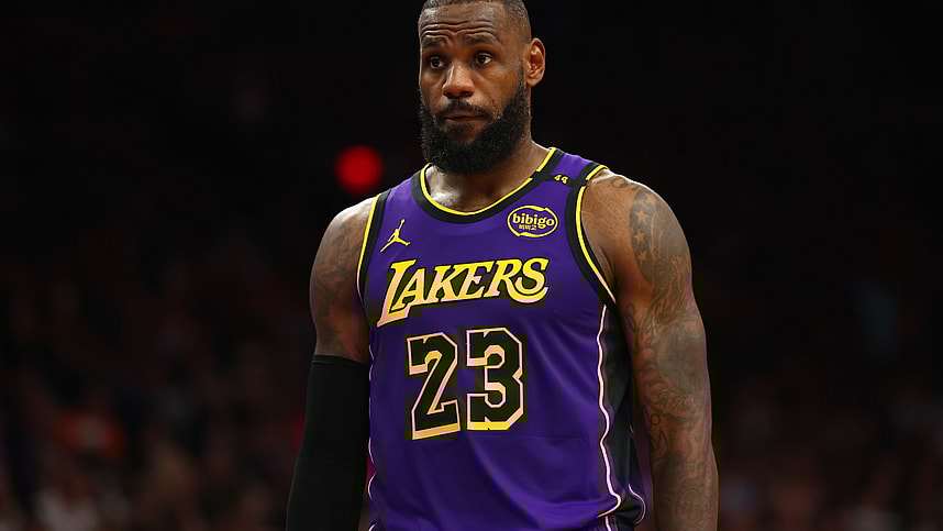 Oct 28, 2024; Phoenix, Arizona, USA; Los Angeles Lakers forward LeBron James (23) against the Phoenix Suns at Footprint Center. Mandatory Credit: Mark J. Rebilas-Imagn Images
