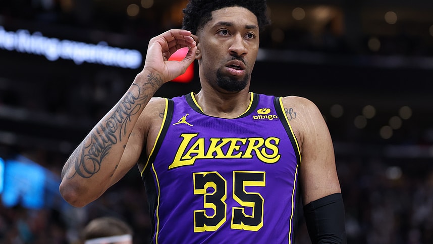 Jan 13, 2024; Salt Lake City, Utah, USA; Los Angeles Lakers forward Christian Wood (35) reacts to a play against the Utah Jazz during the second quarter at Delta Center. Mandatory Credit: Rob Gray-Imagn Images