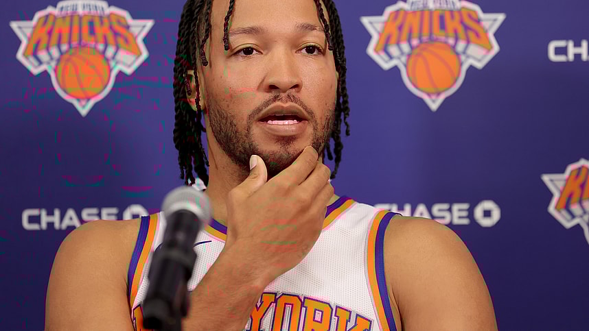 Sep 30, 2024; New York, NY, USA; New York Knicks guard Jalen Brunson speaks during a media day press conference at the MSG training facility in Tarrytown, NY. Mandatory Credit: Brad Penner-Imagn Images