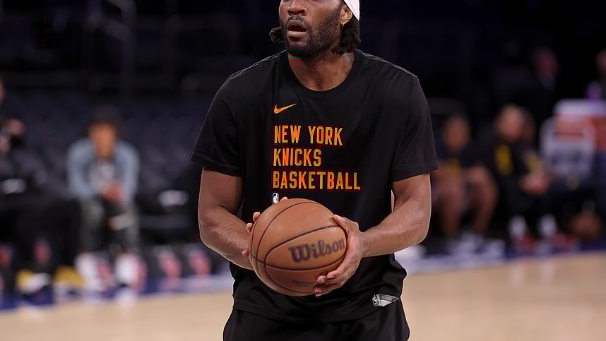 May 19, 2024; New York, New York, USA; New York Knicks forward Precious Achiuwa (5) warms up before game seven of the second round of the 2024 NBA playoffs against the Indiana Pacers at Madison Square Garden. Mandatory Credit: Brad Penner-Imagn Images