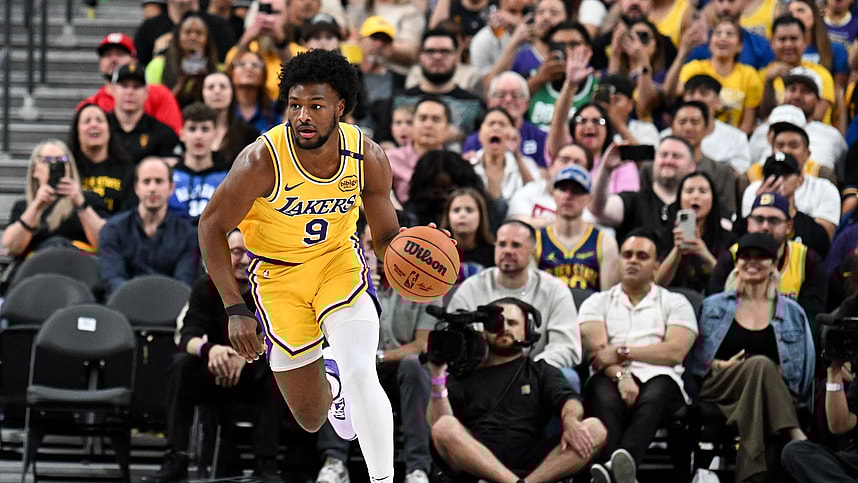 Oct 15, 2024; Las Vegas, Nevada, USA; Los Angeles Lakers guard Bronny James (9) dribbles the ball up the court against the Golden State Warriors in the fourth quarter of their preseason game at T-Mobile Arena. Mandatory Credit: Candice Ward-Imagn Images