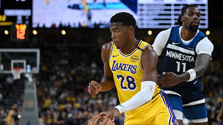 Oct 4, 2024; Palm Desert, California, USA; Los Angeles Lakers forward Rui Hachimura (28) moves the ball against Minnesota Timberwolves center Naz Reid (11) during the first half at Acrisure Arena. Mandatory Credit: Jonathan Hui-Imagn Images
