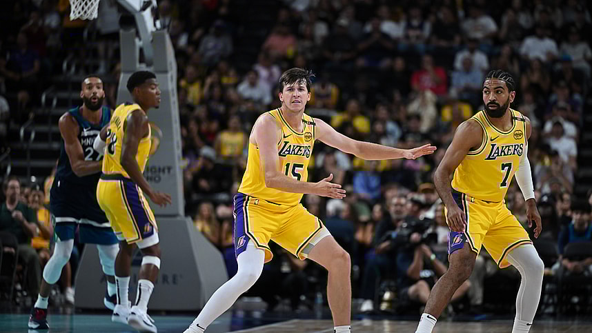 Oct 4, 2024; Palm Desert, California, USA; Los Angeles Lakers guard Austin Reaves (15) reacts against the Minnesota Timberwolves during the first half at Acrisure Arena. Mandatory Credit: Jonathan Hui-Imagn Images