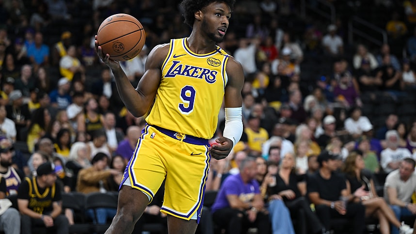 Oct 4, 2024; Palm Desert, California, USA; Los Angeles Lakers guard Bronny James (9) looks to pass against the Minnesota Timberwolves during the second half at Acrisure Arena. Mandatory Credit: Jonathan Hui-Imagn Images