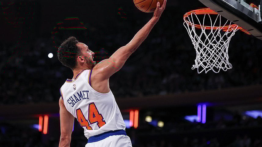 Oct 13, 2024; New York, New York, USA; New York Knicks guard Landry Shamet (44) lays the ball up for a basket during the first half against the Minnesota Timberwolves at Madison Square Garden. Mandatory Credit: Vincent Carchietta-Imagn Images