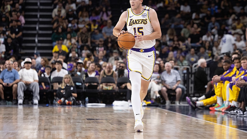 Oct 6, 2024; Palm Desert, California, USA; Los Angeles Lakers guard Austin Reaves (15) moves the ball against the Phoenix Suns during the second half  at Acrisure Arena. Mandatory Credit: David Frerker-Imagn Images