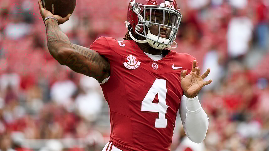 Sep 7, 2024; Tuscaloosa, Alabama, USA; Alabama Crimson Tide quarterback Jalen Milroe (4)(New York Giants prospect) throws during pregame warmups before a game against the South Florida Bulls at Bryant-Denny Stadium. Mandatory Credit: Gary Cosby Jr.-Imagn Images