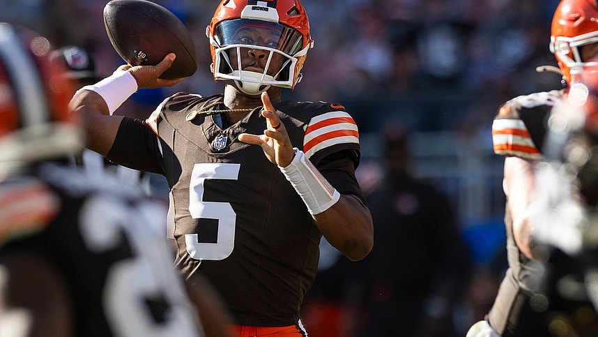 Oct 20, 2024; Cleveland, Ohio, USA; Cleveland Browns quarterback Jameis Winston (5) throws the ball during the fourth quarter against the Cincinnati Bengals at Huntington Bank Field. Mandatory Credit: Scott Galvin-Imagn Images
