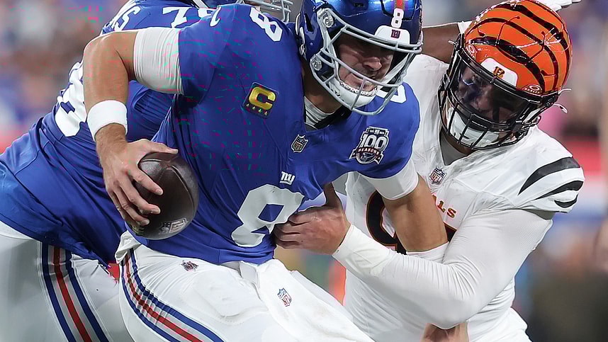 Oct 13, 2024; East Rutherford, New Jersey, USA; Cincinnati Bengals defensive end Trey Hendrickson (91) sacks New York Giants quarterback Daniel Jones (8) during the second quarter at MetLife Stadium. Mandatory Credit: Brad Penner-Imagn Images