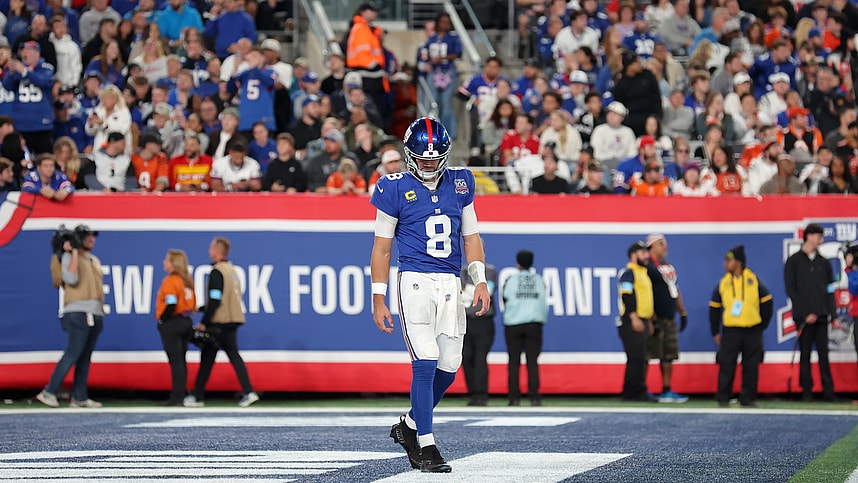 Oct 13, 2024; East Rutherford, New Jersey, USA; New York Giants quarterback Daniel Jones (8) reacts during the second quarter against the Cincinnati Bengals at MetLife Stadium. Mandatory Credit: Brad Penner-Imagn Images