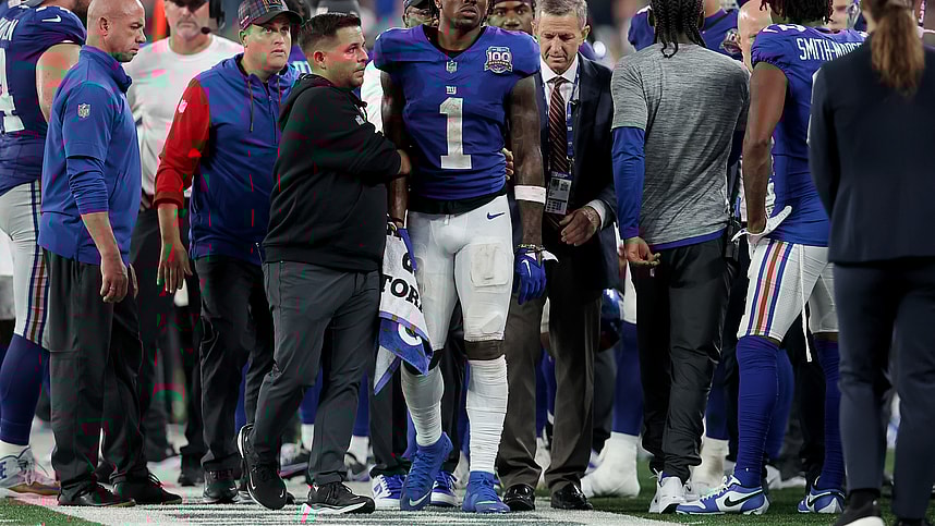 Sep 26, 2024; East Rutherford, New Jersey, USA; New York Giants wide receiver Malik Nabers (1) is helped off the field after an injury during the fourth quarter against the Dallas Cowboys at MetLife Stadium. Mandatory Credit: Brad Penner-Imagn Images