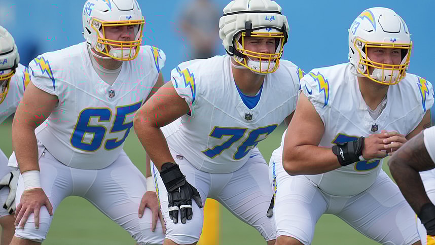 Jun 13, 2024; Costa Mesa, CA, USA; Los Angeles Chargers center Brent Laing (65), offensive tackle Joe Alt (76) and offensive tackle Foster Sarell (73) during minicamp at the Hoag Performance Center. Mandatory Credit: Kirby Lee-Imagn Images