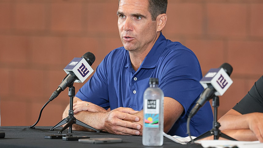 Jul 24, 2024; East Rutherford, NJ, USA; New York Giants general manager Joe Schoen talks to media before the start of training camp at Quest Diagnostics Training Facility. Mandatory Credit: Vincent Carchietta-Imagn Images